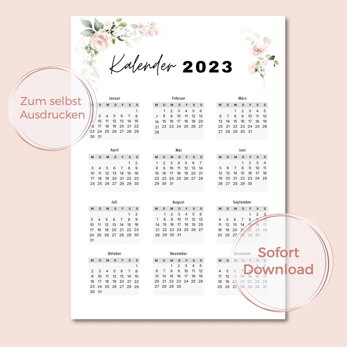 Jahreskalender 2023 Kalender zum Ausdrucken Jahresübersicht - Etsy.de