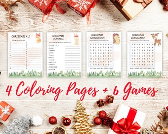 10 Printable Christmas Activities for Kids, Coloring pages, Christmas Party Games, Winter Kids Activities,Word Search, Digital Download, PDF