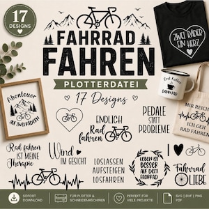 Puede incluir: Una colección de 17 diseños gráficos negros con bicicletas, montañas y texto en alemán, incluyendo FAHRRAD FAHREN, ZWEI RÄDER EIN HERZ y PEDALE STATT PROBLEME, mostrados sobre un fondo claro con ejemplos en una camiseta, una taza y una bolsa.