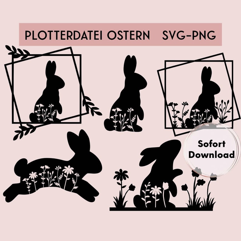 May include: Five black silhouette images of bunnies with floral designs inside them. The bunnies are in different poses, including sitting, standing, and jumping. The images are ideal for crafting projects, such as cutting out designs for cards, scrapbooking, or home decor.