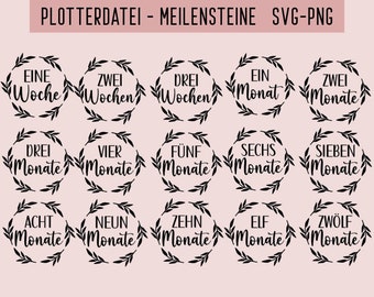 Plotterdatei Meilensteine, Sofort Download, SVG, PNG, Geschenk zur Schwangerschaft und Geburt, 34 Meilensteine
