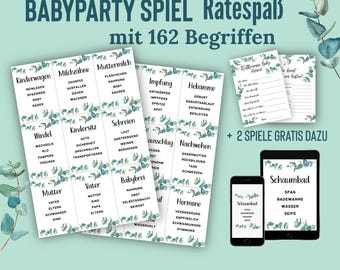 Baby Shower Spiel Deutsch | Babyparty Ratespiel mit 162 Begriffen | Begriffe erraten | Partyspiel zum Ausdrucken | Babyshower Geschenk