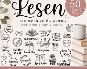 Plotterdatei Lesen Bundle | 50 Designs | Bücherliebe SVG | Buch Sprüche | Lese SVG | Cricut Silhouette | svh png dxf
