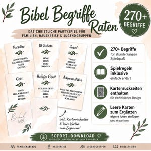 Könnte beinhalten: Ein druckbares Kartenspiel mit dem Titel Bibel Begriffe Raten mit über 270 Begriffen. Das Set enthält weiße Karten mit schwarzem Text, Blattillustrationen und Aquarellakzenten. Es bietet Spielregeln, Kartenrückseiten und leere Karten zum Ergänzen.