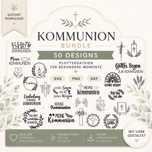 Puede incluir: Un paquete digital de 50 diseños gráficos con temática de comunión en tinta negra sobre un fondo crema. La colección presenta varios símbolos religiosos, incluyendo cruces, palomas, velas y coronas, junto con frases en alemán como KOMMUNION BUNDLE.