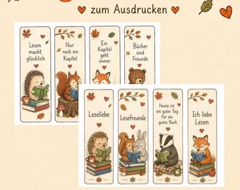 Herbst Lesezeichen zum Ausdrucken | 8 Lesezeichen PDF | Niedliche Waldtiere | Geschenk für Leser | Printable Bookmark Set, Buchliebhaber