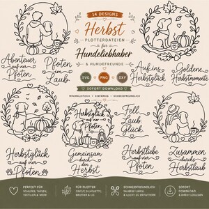 May include: A digital collection of 14 autumn-themed line art designs featuring dogs, people, pumpkins, and foliage. The graphics include German text such as Herbst, Pfoten im Laub, and Herbstglück, alongside SVG, PNG, and DXF file format icons.