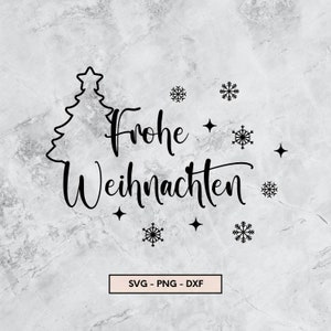 Op de afbeelding: Zwart-wit ontwerp met een gestileerde kerstboom en de tekst "Frohe Weihnachten" omringd door sneeuwvlokken. SVG - PNG - DXF.