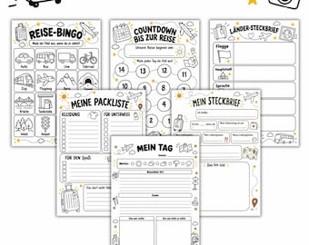 Reisetagebuch für Kinder | Urlaubstagebuch zum Ausdrucken | A4 PDF mit Packliste, Reise-Bingo, Suchspiel & Ausmalen