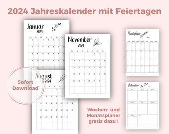 Jahreskalender 2024, Kalender zum Ausdrucken, A4 Format, PDF, Jahresplaner 2024, Wochen und Monatsplaner als Geschenk gratis dazu