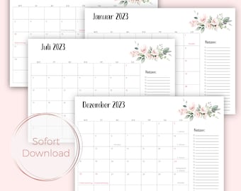 Kalender 2023 Deutsch mit Feiertagen, PDF zum selber Drucken, Jahresplaner 2023, Jahreskalender, A4 Format, Minimalistisches Design,