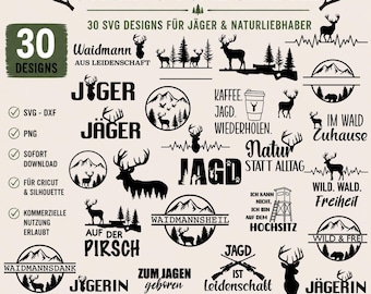 Plotterdatei Jagd SVG Bundle | 30 Jäger Designs | SVG PNG | Cricut & Silhouette | Hirsch, Hochsitz, Wald, Jagdhund | Sofort Download