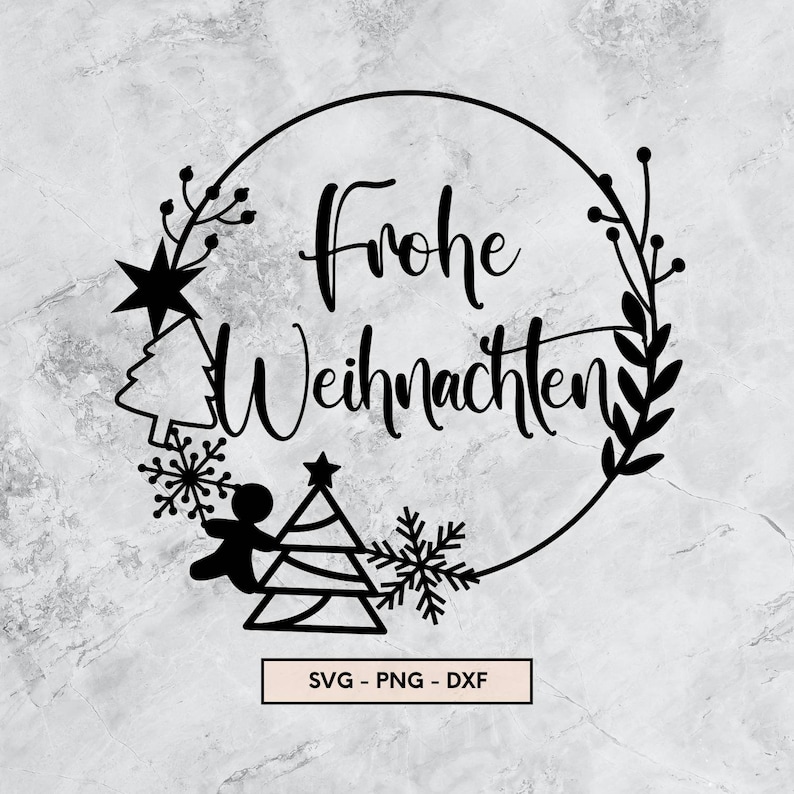 May include: Black and white illustration of a wreath with the text "Frohe Weihnachten" inside. The wreath is decorated with snowflakes, a gingerbread man, and a Christmas tree.