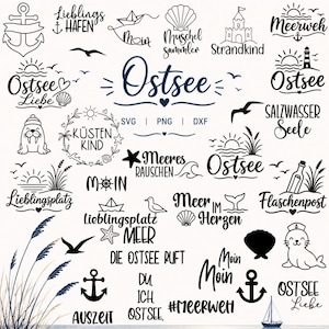 May include: A collection of black nautical-themed graphic designs featuring anchors, seashells, lighthouses, seagulls, and walruses, accompanied by German text phrases like Ostsee, Moin, and Meerweh, presented in a digital file format set.