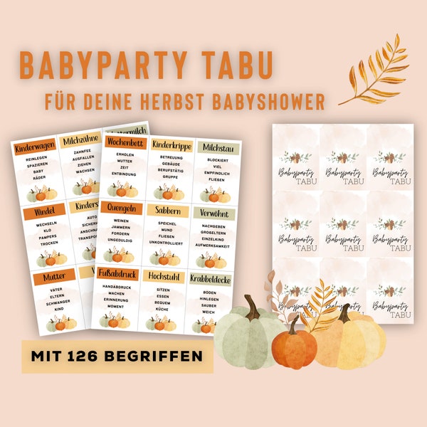 Herbst Babyparty Tabu auf Deutsch, Babyshower Tabu, Begriffe raten, TABU spiel mit 126 Begriffen, Sofort download, A4, leichtes Ausschneiden