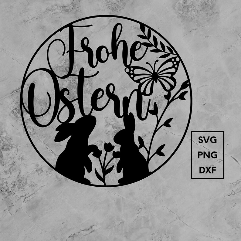 Puede incluir: Dise&ntilde;o en silueta en blanco y negro de dos conejos, una mariposa y flores con el texto "Frohe Ostern" en un c&iacute;rculo.