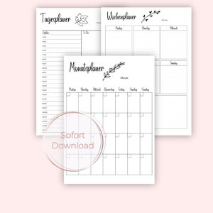 May include: A printable planner set with three pages: a daily planner, a weekly planner, and a monthly calendar. The pages are black and white with simple line drawings of leaves and branches.