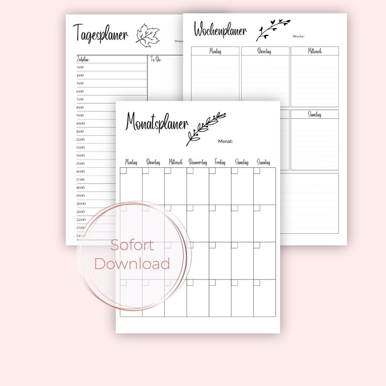 May include: A printable planner set with three pages: a daily planner, a weekly planner, and a monthly calendar. The pages are black and white with simple line drawings of leaves and branches.