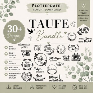 May include: A digital design bundle featuring over 30 black graphic elements for religious occasions, including crosses, doves, wreaths, and German text such as Taufe, Gottes Segen, and Jesus liebt dich, presented on a light background with eucalyptus accents.