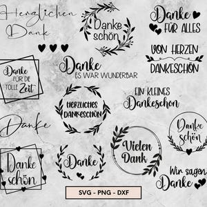 May include: A collection of black graphic designs featuring German phrases of gratitude such as Herzlichen Dank, Danke sch&ouml;n, and Danke f&uuml;r alles, arranged with decorative elements like laurel wreaths, hearts, and geometric frames on a light background.