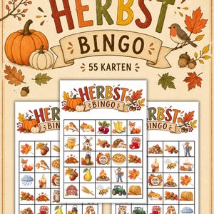Puede incluir: Un juego de cartas de Herbst Bingo que incluye 55 tarjetas con ilustraciones de temática otoñal, como calabazas, hojas, un petirrojo y un zorro. Cada tarjeta contiene una cuadrícula con iconos estacionales coloridos como bellotas y tractores.