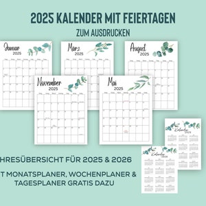 Jahreskalender 2025 PDF, Kalender mit Feiertagen, Kalender zum Ausdrucken, A4, PDF, Jahresplaner 2025, mit Jahresübersicht