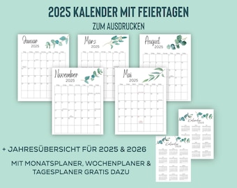 Jahreskalender 2025 PDF, Kalender mit Feiertagen, Kalender zum Ausdrucken, A4, PDF, Jahresplaner 2025, mit Jahresübersicht