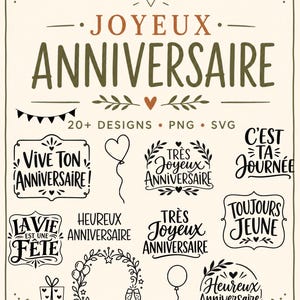 Peut inclure: Une collection de graphismes numériques présentant le texte JOYEUX ANNIVERSAIRE en marron et vert, accompagnée de plus de 20 motifs d'anniversaire incluant des ballons, des couronnes, des cadeaux et des phrases comme VIVE TON ANNIVERSAIRE.