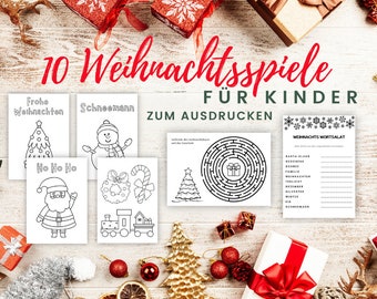 10 Weihnachtsspiele zum Ausdrucken für Kinder, Spiele für Weihnachten, Weihnachtsrätsel, Tolle Beschäftigung für Kinder, A4 ode A5 Format