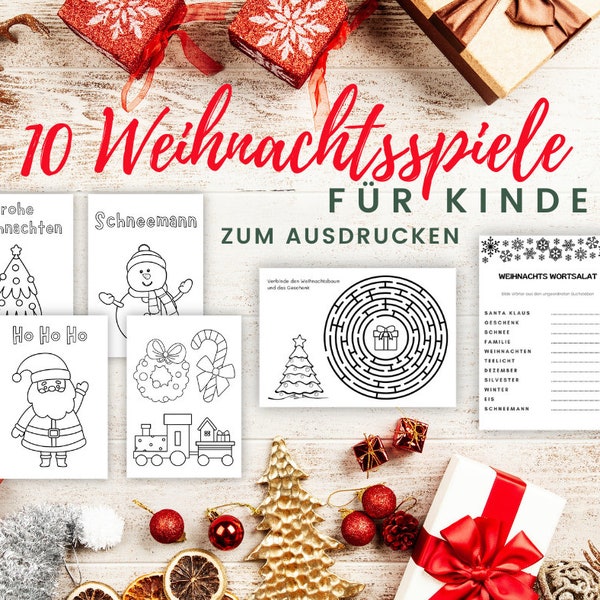 10 Weihnachtsspiele zum Ausdrucken für Kinder, Spiele für Weihnachten, Weihnachtsrätsel, Tolle Beschäftigung für Kinder, A4 ode A5 Format