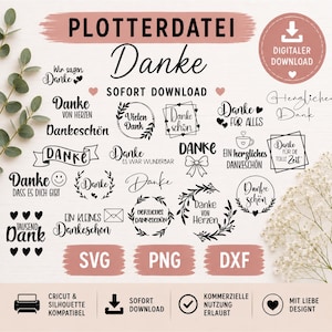 Puede incluir: Un conjunto de archivos digitales para descarga que presenta varios diseños de texto en negro con la palabra Danke en diferentes fuentes y elementos decorativos como corazones, coronas y lazos. La imagen incluye etiquetas para formatos SVG, PNG y DXF, junto con iconos para descarga instantánea, compatibilidad con impresoras y uso comercial.