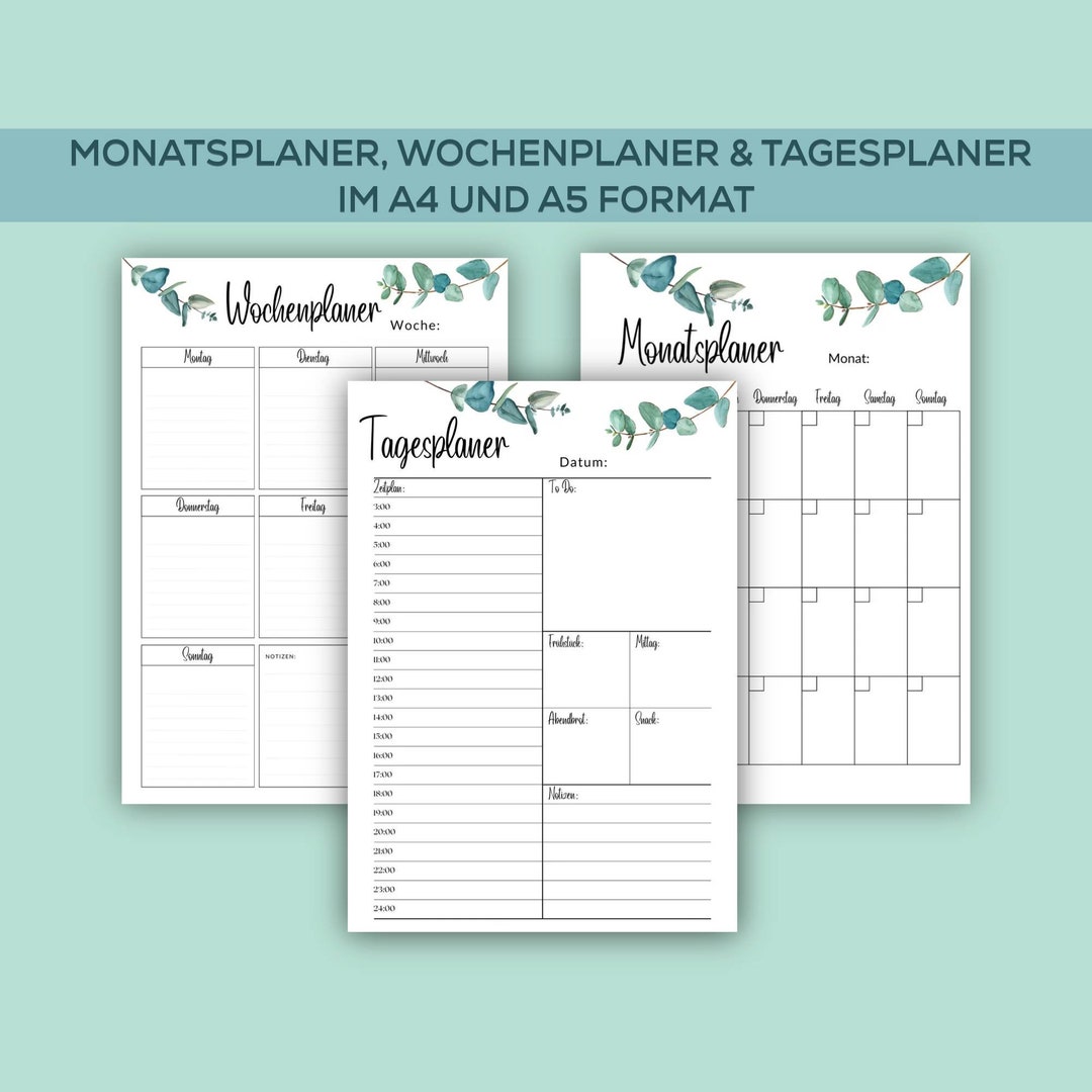 Wochenplaner, Tagesplaner, Monatsplaner, A4, 3 Vorlagen Zum Ausdrucken