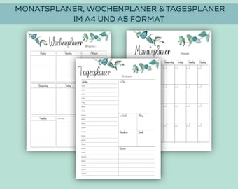 Wochenplaner, Tagesplaner, Monatsplaner, A4, 3 Vorlagen zum Ausdrucken und Ausfüllen, Jahresplaner