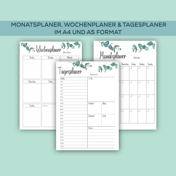 Wochenplaner, Tagesplaner, Monatsplaner, A4, 3 Vorlagen zum Ausdrucken und Ausfüllen, Jahresplaner