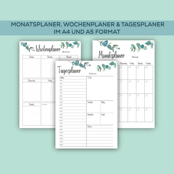 Wochenplaner, Tagesplaner, Monatsplaner, A4, 3 Vorlagen zum Ausdrucken und Ausfüllen, Jahresplaner