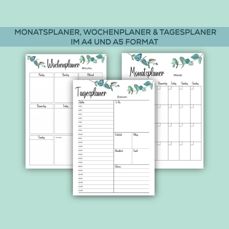 Wochenplaner, Tagesplaner, Monatsplaner, A4, 3 Vorlagen zum Ausdrucken und Ausfüllen, Jahresplaner image 1