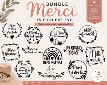 Lot de 15 SVG Merci Français | Merci Beaucoup | Mille Mercis | Cadeau Remerciement | Cricut Silhouette PNG DXF