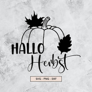 May include: Black and white graphic design featuring a pumpkin with leaves and the text "Hallo Herbst".