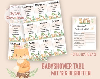 Babyparty Tabu auf Deutsch, Babyshower Tabu, Begriffe raten, TABU spiel mit 126 Begriffen, PDF als Sofort download, A4