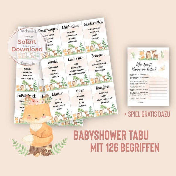Babyparty Tabu auf Deutsch, Babyshower Tabu, Begriffe raten, TABU spiel mit 126 Begriffen, PDF als Sofort download, A4