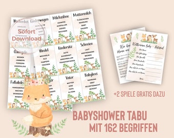 Babyparty Tabu auf Deutsch, Babyshower Tabu, Begriffe raten, TABU spiel mit 162 Begriffen, PDF als Sofort download, A4