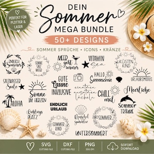 May include: A digital design collection titled DEIN SOMMER MEGA BUNDLE 50+ DESIGNS featuring black graphic illustrations of summer-themed phrases, icons, and wreaths. The layout includes text like ENDLICH SOMMER, SONNE IM HERZEN, and MEERLIEBE, alongside symbols such as suns, seashells, palm trees, and stars, presented on a light background.