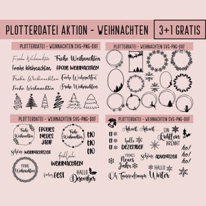 May include: A digital download of 12 Christmas-themed SVG files for use with a cutting machine. The designs include wreaths, trees, snowflakes, and text such as "Frohe Weihnachten" and "Hallo Dezember".