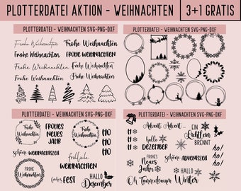 May include: A digital download of 12 Christmas-themed SVG files for use with a cutting machine. The designs include wreaths, trees, snowflakes, and text such as "Frohe Weihnachten" and "Hallo Dezember".