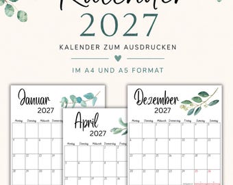 2027 Eucalyptus Calendar, Printable A4/A5 German Planner with Holidays (PDF Download)