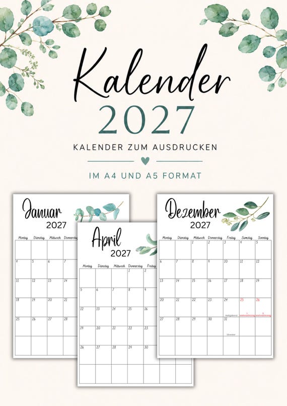 2027 Eucalyptus Calendar, Printable A4/A5 German Planner with Holidays (PDF Download)