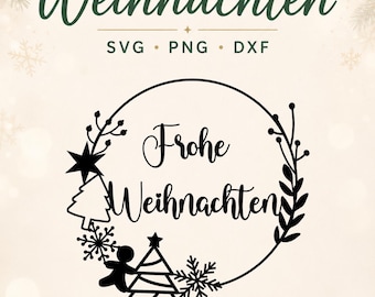 May include: A digital design file featuring the text "PLOTTERDATEI Weihnachten" and "SVG PNG DXF" at the top. Below, a circular wreath frame contains the text "Frohe Weihnachten" surrounded by a star, a Christmas tree, a snowflake, and a gingerbread man.