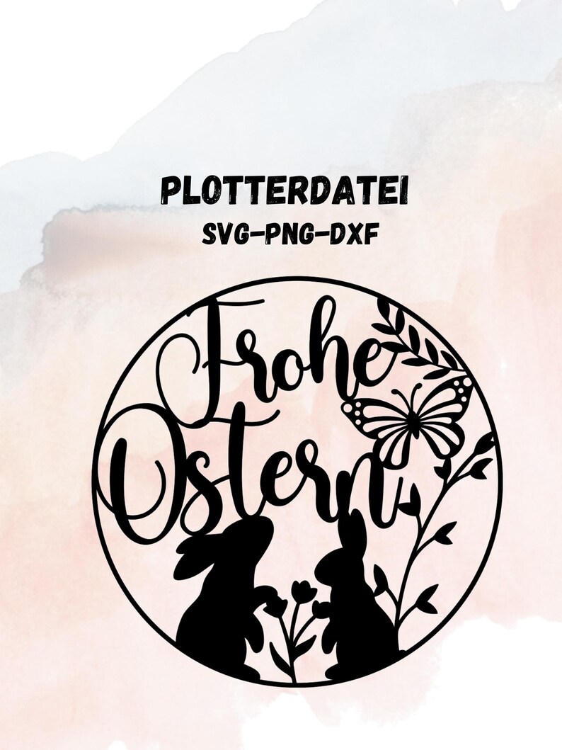 Puede incluir: Dise&ntilde;o de archivo de corte digital en blanco y negro con el texto "Frohe Ostern", dos conejos, una mariposa y elementos florales. El dise&ntilde;o tiene forma de c&iacute;rculo.