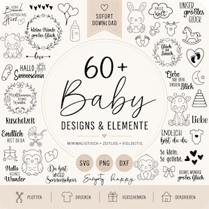 Könnte beinhalten: Eine digitale Sammlung von über 60 Baby-Motiven und Elementen als schwarze Strichzeichnungen auf hellem Hintergrund. Enthält Illustrationen von Tieren, Babyartikeln und deutschen Schriftzügen wie "Hallo Welt" und "Kuschelzeit" mit SVG, PNG, DXF.