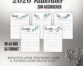Jahreskalender 2026 PDF, Kalender mit Feiertagen, Kalender zum Ausdrucken, A4, PDF, Jahresplaner 2026, mit Jahresübersicht